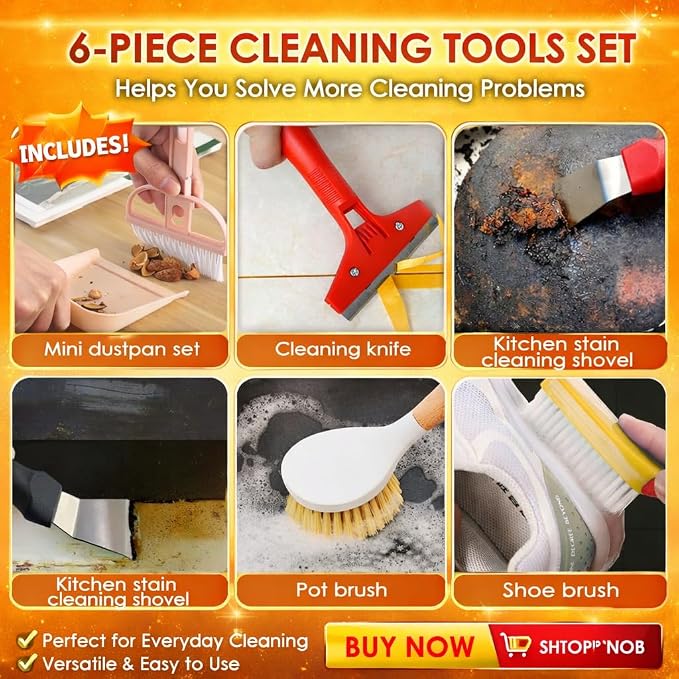 Broom and Dustpan Set with Long Handle, Upright Standing Self-Cleaning Combo, Windproof Dustpan with 6 Bonus Cleaning Tools for Pet Hair, Home, Kitchen, Garage & Apartment