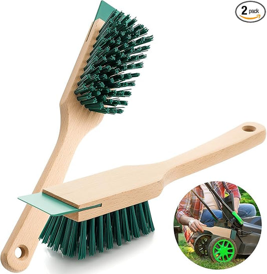 CroBlissful 2 Pcs Heavy Duty Scrubbing Brush Stiff Bristle Brush with Wood Handle and Scraper for Lawn Mower Deck Scraper Cleaning Outdoor Boot Scrub Brushes