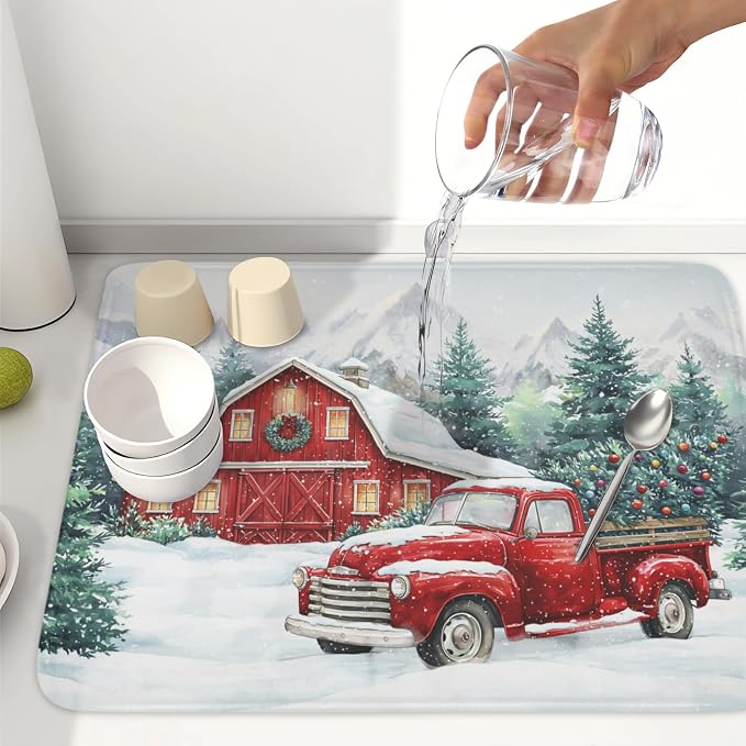 Winter Snowscape Dish Drying Mat for Kitchen Counter Christmas Red Truck Trees Dish Drainer Mat Xmas Holiday Rustic Farmhouse Absorbent Washable Drying Pad 18"x24"