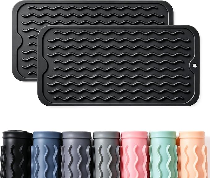 2 Pack Caketime Silicone Dish Drying Mat for Kitchen Counter Easy to Clean Quick Dry Near Faucet Under Sink Bathroom Vanity Tray Small Gadgets Rack Home Decor Essentials 12"x6" Black
