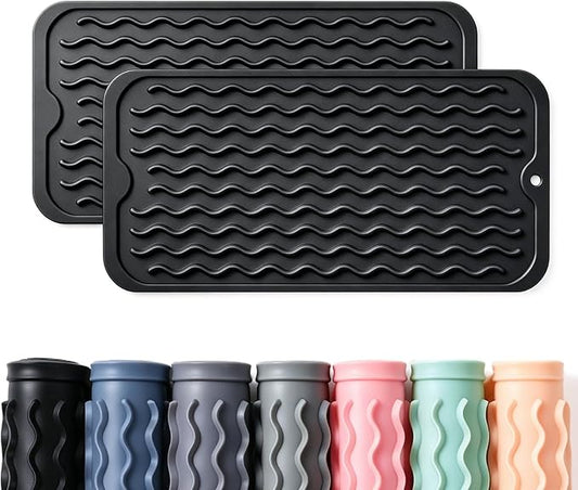 2 Pack Caketime Silicone Dish Drying Mat for Kitchen Counter Easy to Clean Quick Dry Near Faucet Under Sink Bathroom Vanity Tray Small Gadgets Rack Home Decor Essentials 12"x6" Black