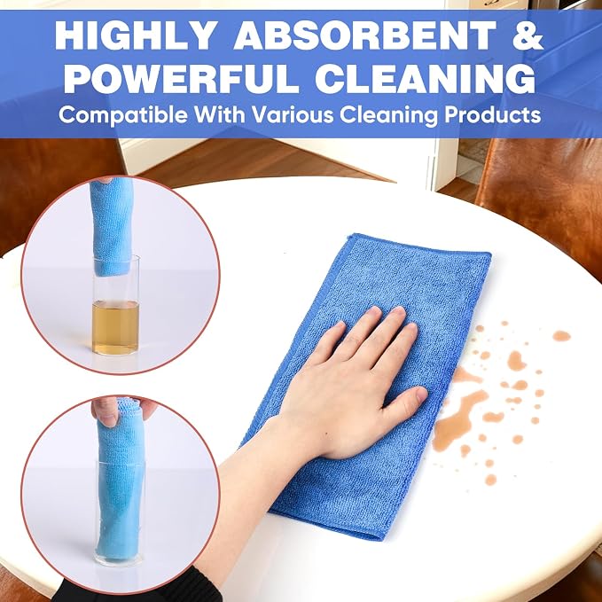 TEAWOO 10 PCS Blue Microfiber Cleaning Cloths, Highly Absorbent Microfiber Towels for Car, Kitchen, Bathroom and Household Cleaning, 11.8" X11.8