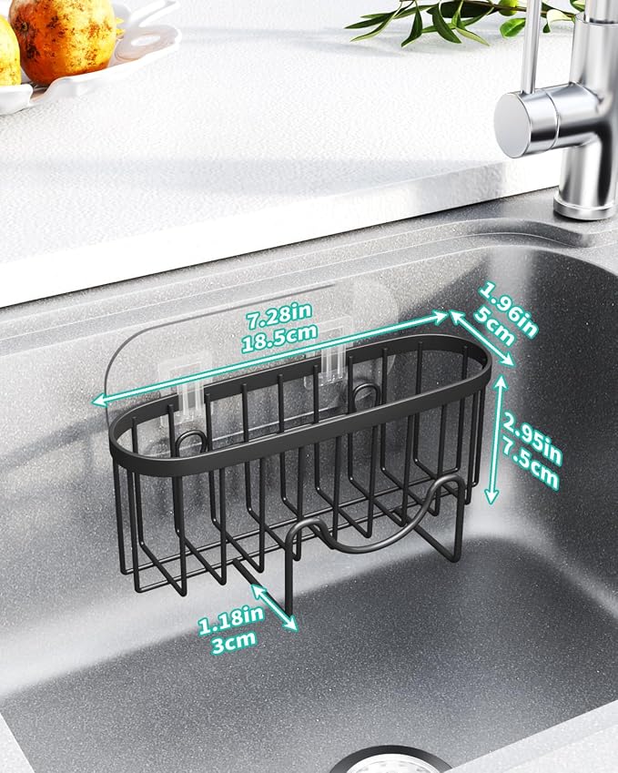 HapiRm Kitchen Sponge Holder for Sink - 2 Installation Methods Kitchen Sink Caddy Organizer with Unique M-Shaped, Rustproof Stainless Steel Sponge Caddy - Black（Large）