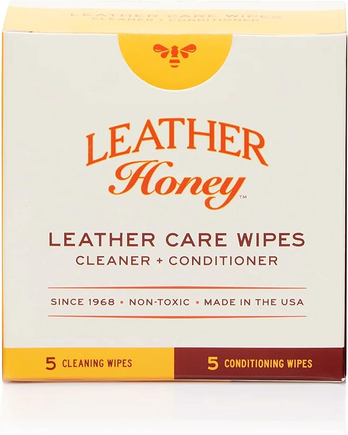 Leather Honey Leather Wipe Kit – Non-Toxic Cleaner & Conditioner | 5 cleaner & 5 conditioner wipes. Same trusted formulas, made in the USA. For any color leather — car seats, shoes & bags.