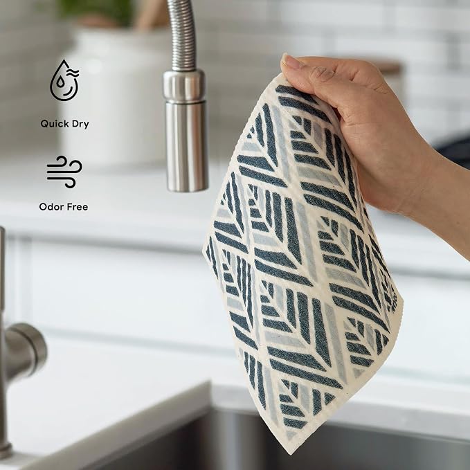 RECYCO Swedish Dishcloths for Kitchen | 5 Pack Boho Neutral Boho Washable Dish Rags | Cellulose Reusable Cleaning Paper Towels | Absorbent Counter Dish Cloth Sponge Kitchen Wipes, 8" L x 7" W