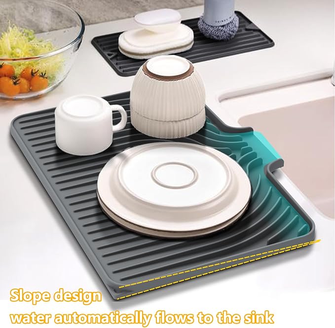 Dish Drying Mat for Kitchen Counter, 18"x12" Dish Drying Rack(gray) | Various Sizes & Colors,Steep-Slope Built in Drain,High-fin Ventilation,Food-grade Silicone,500F heat resistant,for Flat sinks