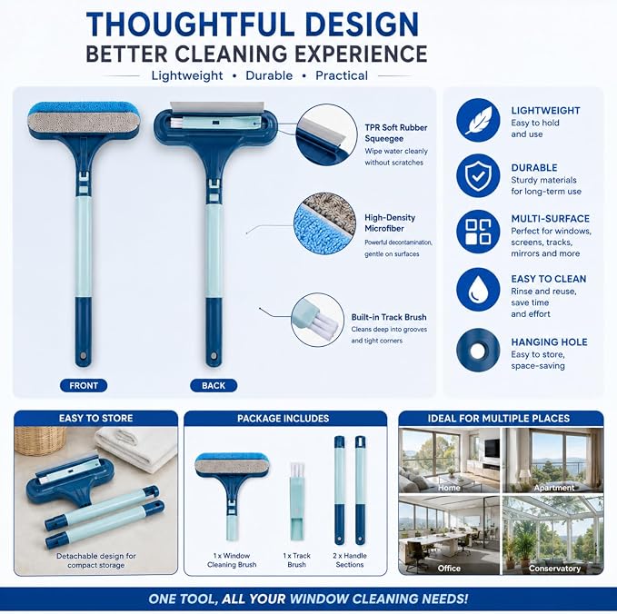 Window Screen Cleaner Brush, 3-in-1 Mesh Screen Cleaning Brush with Squeegee and Detachable Long Handle, Professional Soot and Dust Remover for Window, Patio, Door, Multi-Purpose Home Cleaning Kit