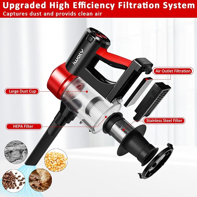 iwoly C150 Cordless Vacuum Cleaner with 2200mAh Rechargeable Battery, 18000Pa Cyclone Vacuum with HEPA Filter, Lightweight Portable Handheld Stick Vacuum for Home Hard Floor Car Cleaning
