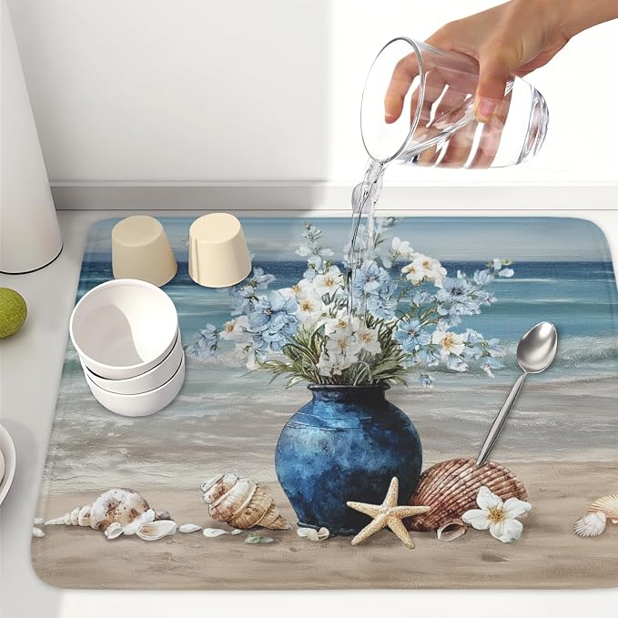 Summer Beach Dish Drying Mat for Kitchen Counter Nautical Coastal Blue Ocean Vase Floral Seashells Microfiber Dish Drainer Mat Absorbent Washable Drying Pad 18"x24"