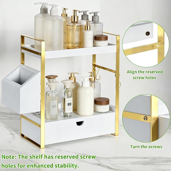2-Tier Bathroom Counter Organizer with Drawer and Basket, Wood Countertop Organizer for Storage, Skincare Organizers for Vanity, Counter Shelf for Bathroom Organization(White-gold)