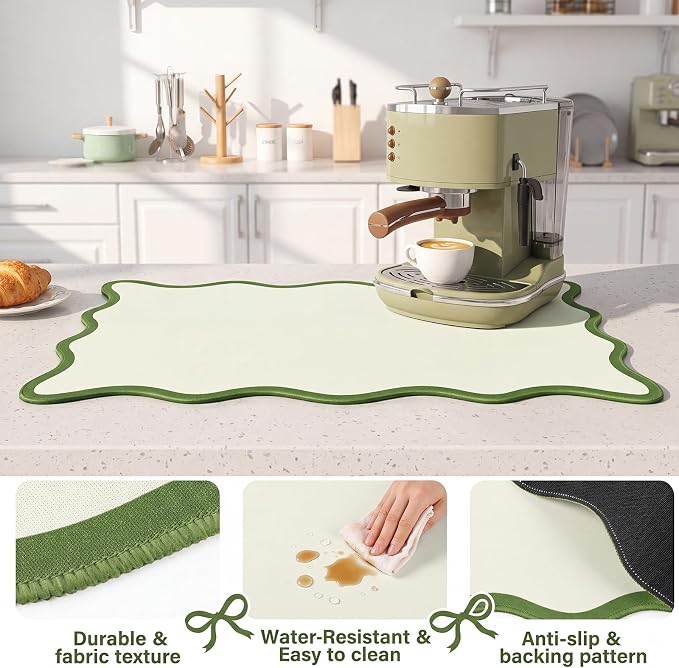 Nuanchu Green Scalloped Dish Drying Mat for Kitchen Counter, Waterproof Easy Clean Non-slip Coffee Bar Station Accessories, Trendy Cute Aesthetic Modern Drainer Kitchen Drying Mat, 12" x 19"