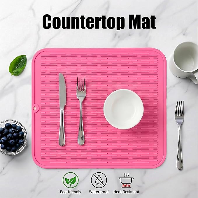 MicoYang Silicone Dish Drying Mat for Multiple Usage,Easy clean,Eco-friendly,Heat-resistant Silicone Mat for Kitchen Counter or Sink,Refrigerator or Drawer Liner Rose XL 18 inches x 16 inches