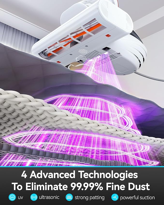 uwant Bed Cleaner with 14Kpa Suction Metal Roller 253.7nm Uv-c Light Mattress Vacuum Cleaner 36000RPM/Min 149℉ Heating HEPA Filter&Ultrasonic Mattress Vacuum for Sofa, Pillow, Bed Throws Set of 1