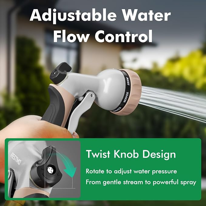 RESTMO Garden Hose Nozzle, Heavy Duty Metal Water Hose Nozzle with 7 Adjustable Spray Patterns, High Pressure Hand Sprayer with Flow Control, for Watering Plants & Lawns, Washing Cars & Pets, Gold