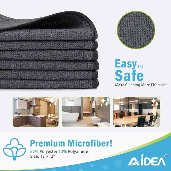 AIDEA Gray Microfiber Cleaning Cloth-100PK, Cleaning Rags 12"x12" Absorbent | Microfiber Towels for Cars Lint Free, Reusable Microfiber Towels, Kitchen Towel Dusting Cloth, Dish Rags, Bulk Cleaning Towel
