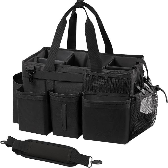 SCAVATA Wearable Cleaning Caddy Organizer with Handle & Shoulder Straps for Housekeepers, Under Sink & Car Cleaning Tool Organizer Bag with 4 Foldable Dividers (Black)