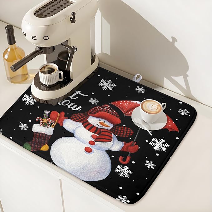 Winter Snowman Dish Drying Mat, Christmas Snow Dish Drying Mat for Kitchen Counter, Christma Cute Snowman Absorbent Fast Dry Dish Drainer Mat Protector Xmas Microfiber Dish Drying Pad 16x18 Inch