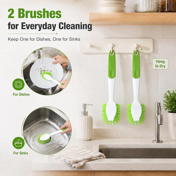 2-Pack Kitchen Green Scrub Brush for Cleaning Dishes Pots Pan Sink and Bathroom with Comfortable Long Handle