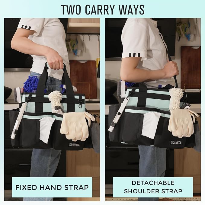 SCAVATA Compact Wearable Cleaning Caddy with Handle & Shoulder Straps | Small Cleaning Supplies Organizer, Under Sink & Car Cleaning Tools Storage Bag for Housekeepers Cleaners, Baby Blue