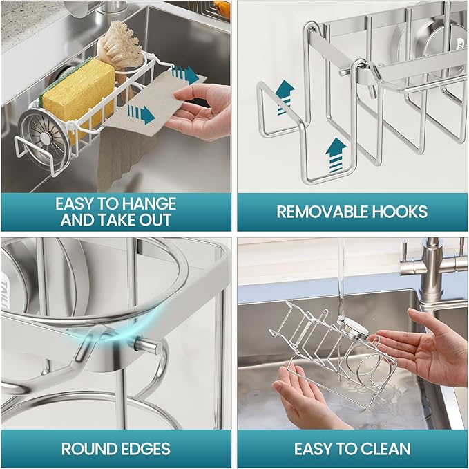 TAILI 4-in-1 Sponge Holder for Kitchen Sink with Strong Suction Cup Removable, Rustproof Stainless Steel Sink Caddy for Sponge, Brush, Scrubber, Scraper -Silver
