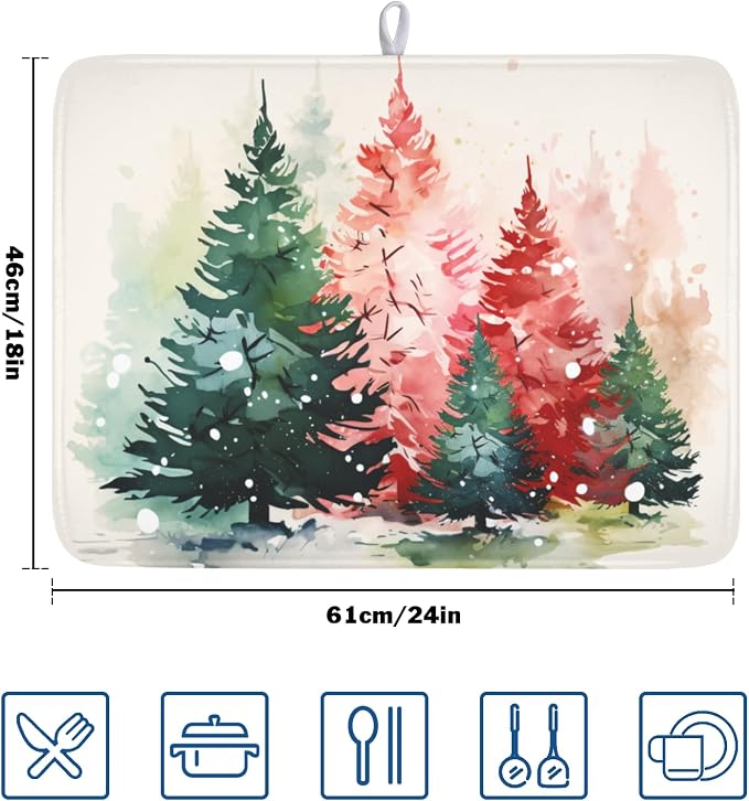 Christmas Dish Drying Mat for Kitchen Counter Xmas Theme Red Green Watercolor Trees Dish Drainer Mat Rustic Farmhouse Winter Holiday Absorbent Washable Drying Pad 18"x24"