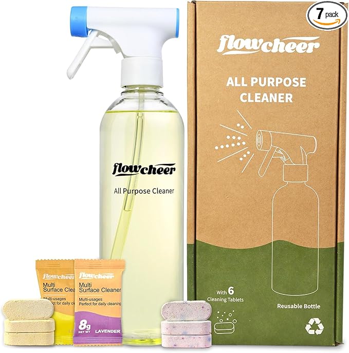 flowcheer Multi-Purpose Cleaner Starter Kit-Lavender and Lemon Scent all purpose cleaner concentrate,cleaning tablets (6 Refill tablets) with Reusable Spray Bottle Multi-Surface Cleaner, 6x17fl oz