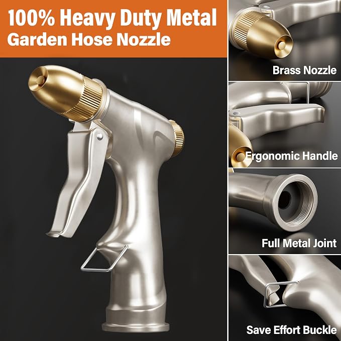 100% Metal Heavy Duty Garden Hose Nozzle with Brass Nozzle with 4 Patterns | Fits 3/4” Garden Hose Thread for Plants, Lawns, Cars, Patio, Car, Window