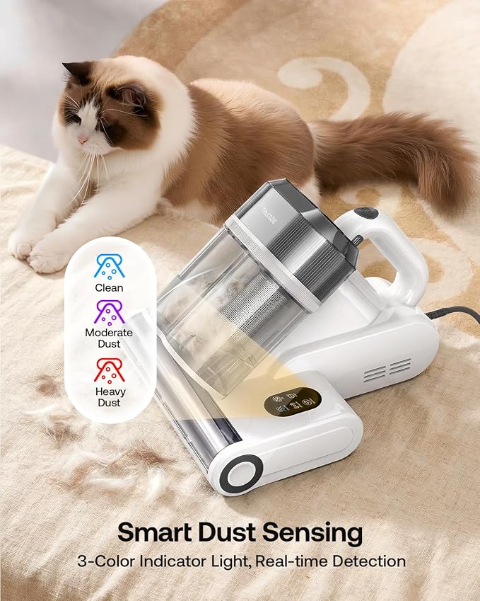 Trucozie Mattress Vacuum Cleaner with 275nm UV-C Light & 149℉ Heat, 16Kpa Powerful Suction Bed Vacuum for Pet Hair & Dander, Smart Dust Sensor, Anion & Aromatherapy, Corded for Bed, Sofa, Couch, White