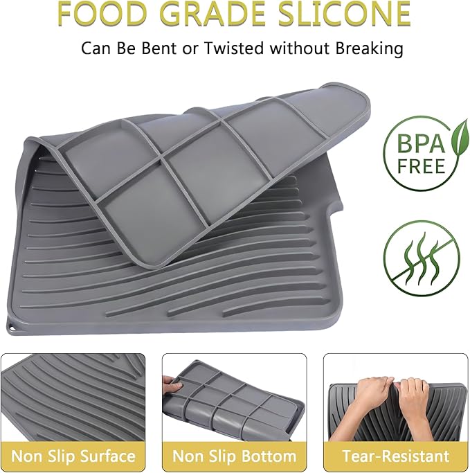 Silicone Drying Mat, 16"X13" With Built-in Drain Lip,Heat-Resistant,Eco-friendly,Hygienic Drying Pad,Leak-Proof and Non-Slip,Silicone Dish Drying Mat for Kitchen Counter or Sink（Gray 16X13）