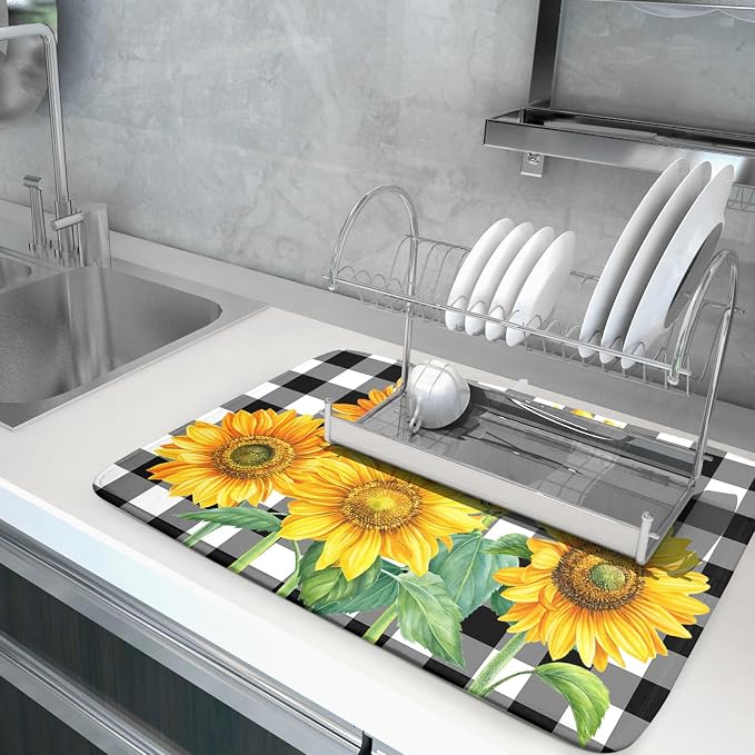 Sunflower Dish Drying Mat for Kitchen Counter Watercolor Black White Plaid Microfiber Absorbent Dish Draining Reusable Washable Foldable Extra Large 18"x24"
