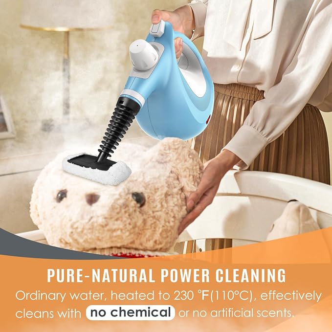 Phueut Pressurized Handheld Multi-Surface Natural Steam Cleaner with 12 pcs Accessories, Multi-Purpose Steamer for Home Use, Steamer for Cleaning Floor, Upholstery, Grout and Car (Blue)