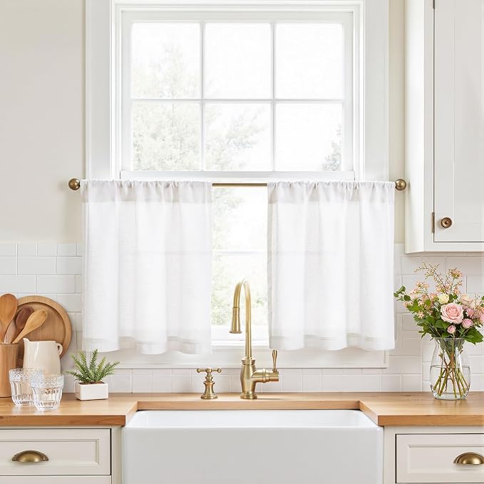 jinchan Rustic Linen Rod Pocket Tier Curtains, 26x20, 2 Panels, White | Light filtering, cafe curtains, machine washable, farmhouse, kitchen, bathrooms, laundry, small window, over sink