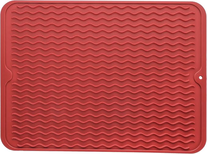 MicoYang Silicone Dish Drying Mat — Quick-Dry Ridges Counter & Sink Pad, Heat-Resistant Trivet to 450°F, Non-Slip & Dishwasher Safe, Roll-Up Storage, 18 Colors & 9 Sizes (Red, 16"×12")