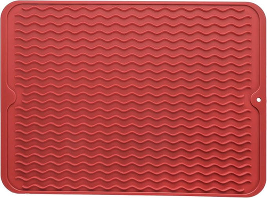 MicoYang Silicone Dish Drying Mat — Quick-Dry Ridges Counter & Sink Pad, Heat-Resistant Trivet to 450°F, Non-Slip & Dishwasher Safe, Roll-Up Storage, 18 Colors & 9 Sizes (Red, 16"×12")
