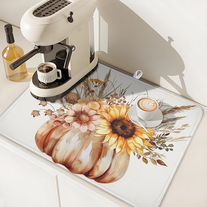 Fall Sunflower Dish Drying Mat for Kitchen Counter 18 x 24 Inch Autumn Orange Pumpkin Dish Drainer Mat Absorbent Microfiber Thanksgiving Harvest Dish Rack Pad for Coffee Dining Bar Decor