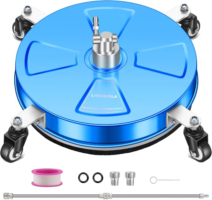 LidoDola 16'' Pressure Washer Surface Cleaner Blue, Power Washer Accessory | Stainless Steel Housing with 4 Wheels, 1/4" QC, 2 Extension Wands & 2 Replacement Nozzles, for Gas & Electric Pressure Washer