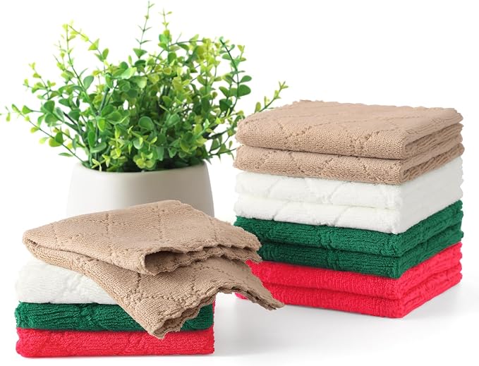 Homaxy 12 Pack Kitchen Dish Cloths, Super Soft and Absorbent Coral Velvet Dish Towels, Nonstick Oil Fast Drying Microfiber Cleaning Cloth, 10 x 10 inches, Dark Green/Tan/Red/White