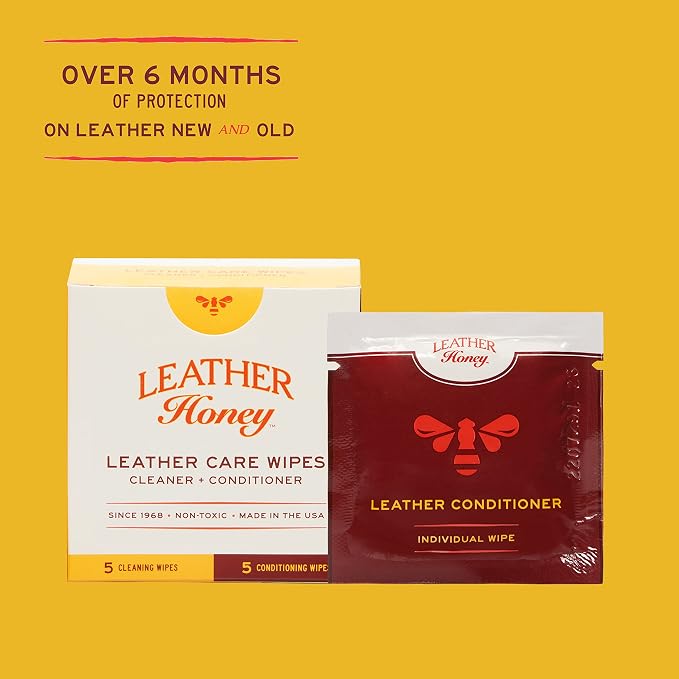 Leather Honey Leather Wipe Kit – Non-Toxic Cleaner & Conditioner | 5 cleaner & 5 conditioner wipes. Same trusted formulas, made in the USA. For any color leather — car seats, shoes & bags.
