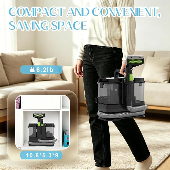 18Kpa Carpet Cleaner Machine, Portable Carpet and Upholstery Cleaning Machine, Deep Cleaning for Rugs, Couch, Car Interiors Stains, Pet & Family Friendly, 120V (GREEN)