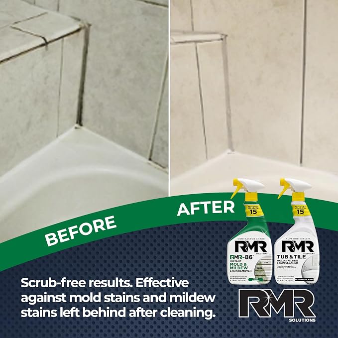 RMR Complete Mold & Mildew Stain Eraser System – No-Scrub Tub & Tile Cleaner + Instant Mold & Mildew Stain Remover Spray, Indoor/Outdoor Bathroom, Shower, Siding, & Deck Cleaning Kit, 2–32 Oz Bottles