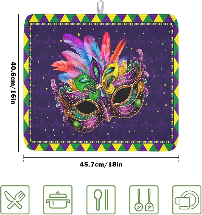 Mardi Gras Dish Drying Mat for Kitchen Counter Masquerade Mask Feather Dishes Drying Mat Microfiber Absorbent Reusable Washable Dishes Drainer Rack Mats 16x18 Inch