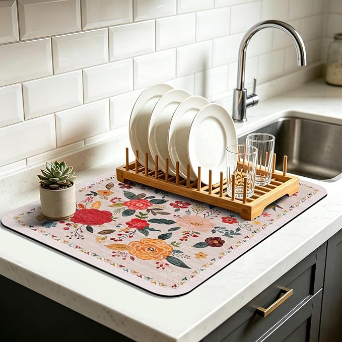 Vintage Floral Dish Drying Mat 12x20 Inch, Dish Mat Drying Kitchen Mats for Extra Large Absorbent Countertop, Aesthetic Boho Drying Matt Kitchen Counter Washable Heat Resistant Dish Drainer Rack Mat