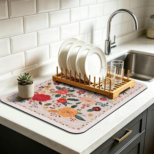 Vintage Floral Dish Drying Mat 12x20 Inch, Dish Mat Drying Kitchen Mats for Extra Large Absorbent Countertop, Aesthetic Boho Drying Matt Kitchen Counter Washable Heat Resistant Dish Drainer Rack Mat