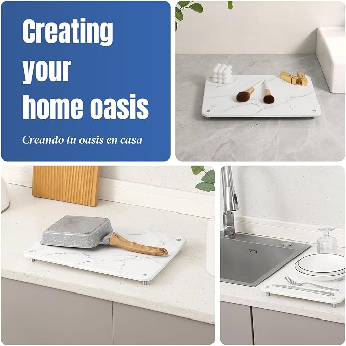 Stone Drying Mat for Kitchen Counter with Non-Slip Stainless Steel Feet, Quick Drying Diatomaceous Dish Racks for Dishes, Bottles and More, 15.7"(L)×11.8"(W), Pearl Marble