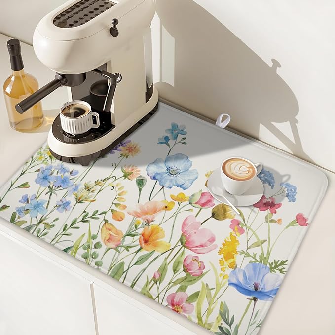Botanical Floral Dish Drying Mat for Kitchen Counter 18x24 Inch | Wildflower，Polyester，Absorbent Microfiber，for Kitchen Coffee Dining Bar Decor