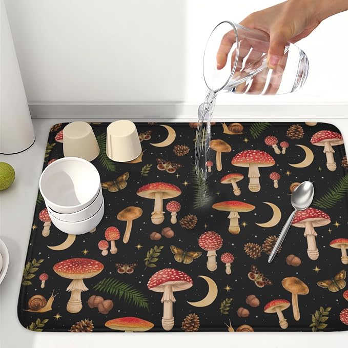 Botanical Mushroom Fern Leaf Dish Drying Mat 18x24 Inch | Butterfly，Polyester，Absorbent Microfiber，for Kitchen Coffee Dining Bar Decor