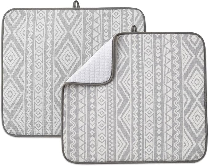 FRESHMINT Printed Dish Drying Mats for Kitchen Counter 2 Pack Absorbent Reversible Drying Mats Microfiber Kitchen Countertop Protector Dishes Drying Pad Extra Large 18"x16" Dish Mat