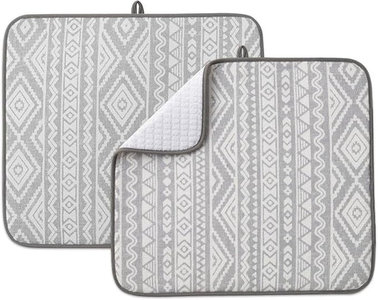 FRESHMINT Printed Dish Drying Mats for Kitchen Counter 2 Pack Absorbent Reversible Drying Mats Microfiber Kitchen Countertop Protector Dishes Drying Pad Extra Large 18"x16" Dish Mat