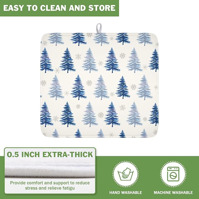 Winter Dish Drying Mat 16 x 18 Inch Blue Tree Dish Drying Pad Absorbent Microfiber Mats for Snowflake Dish Rack Pad for Holiday Kitchen Counter Coffee Bar Decor