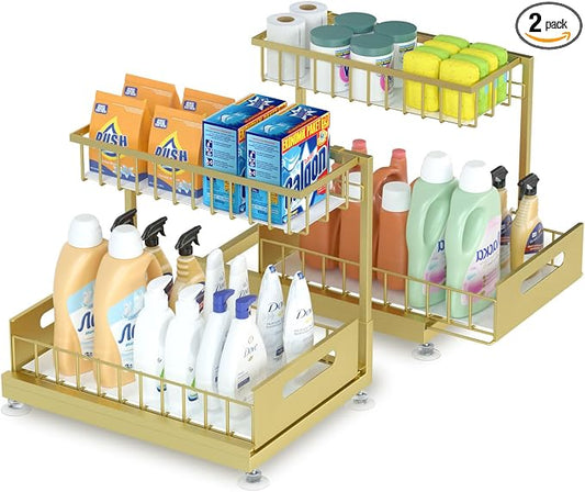 Saydear 2-Pack L-Shaped Under Sink Organizer, 2-Tier Pull-out Cabinet Rack | Gold Height-Adjustable Steel Rack, Sliding Grid Drawers with PP Liners, Holds 100 Lbs, Suction Base, Ideal Kitchen Storage